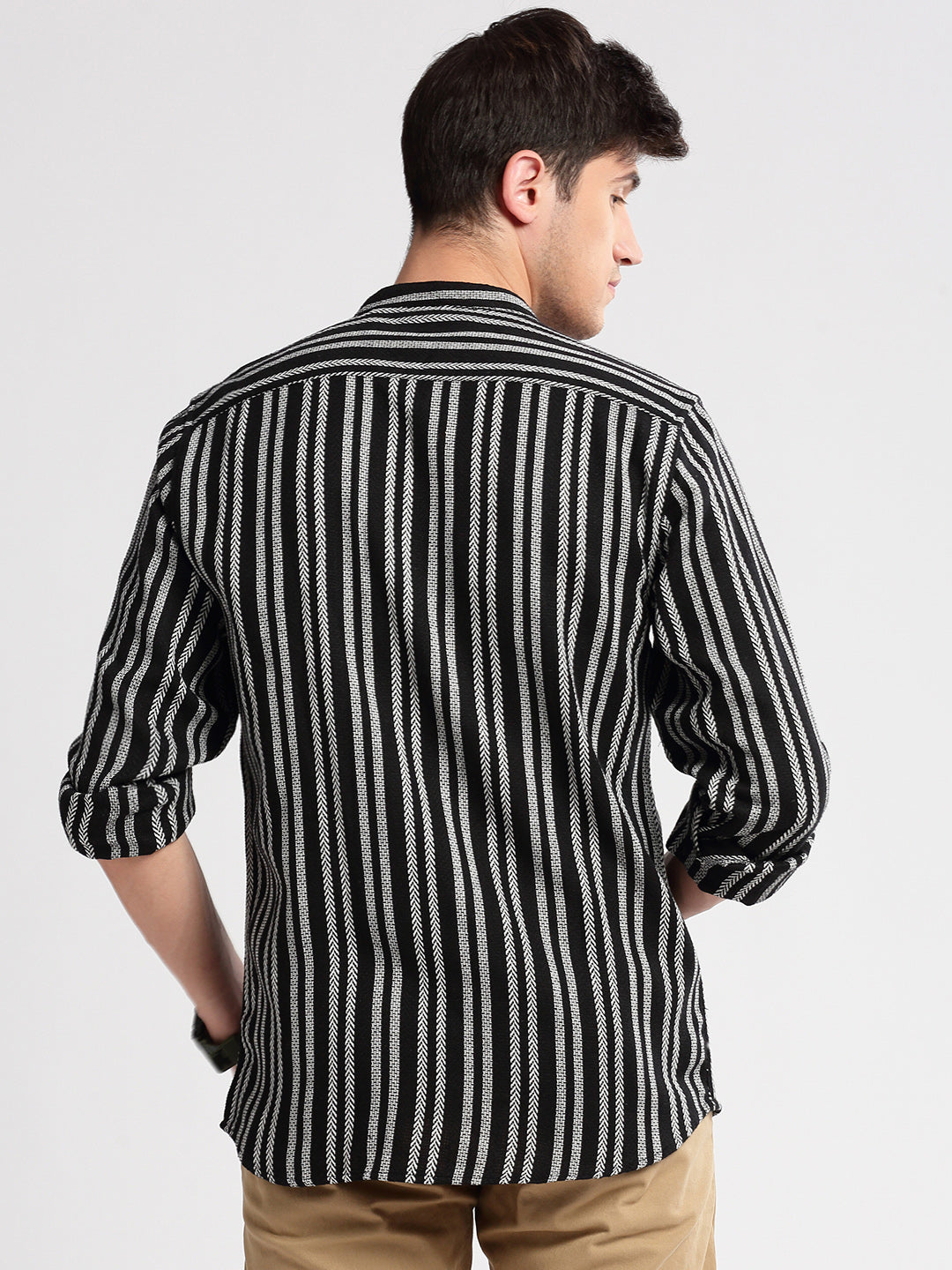 Men Mandarin Collar Vertical Stripes Black Casual Shirt