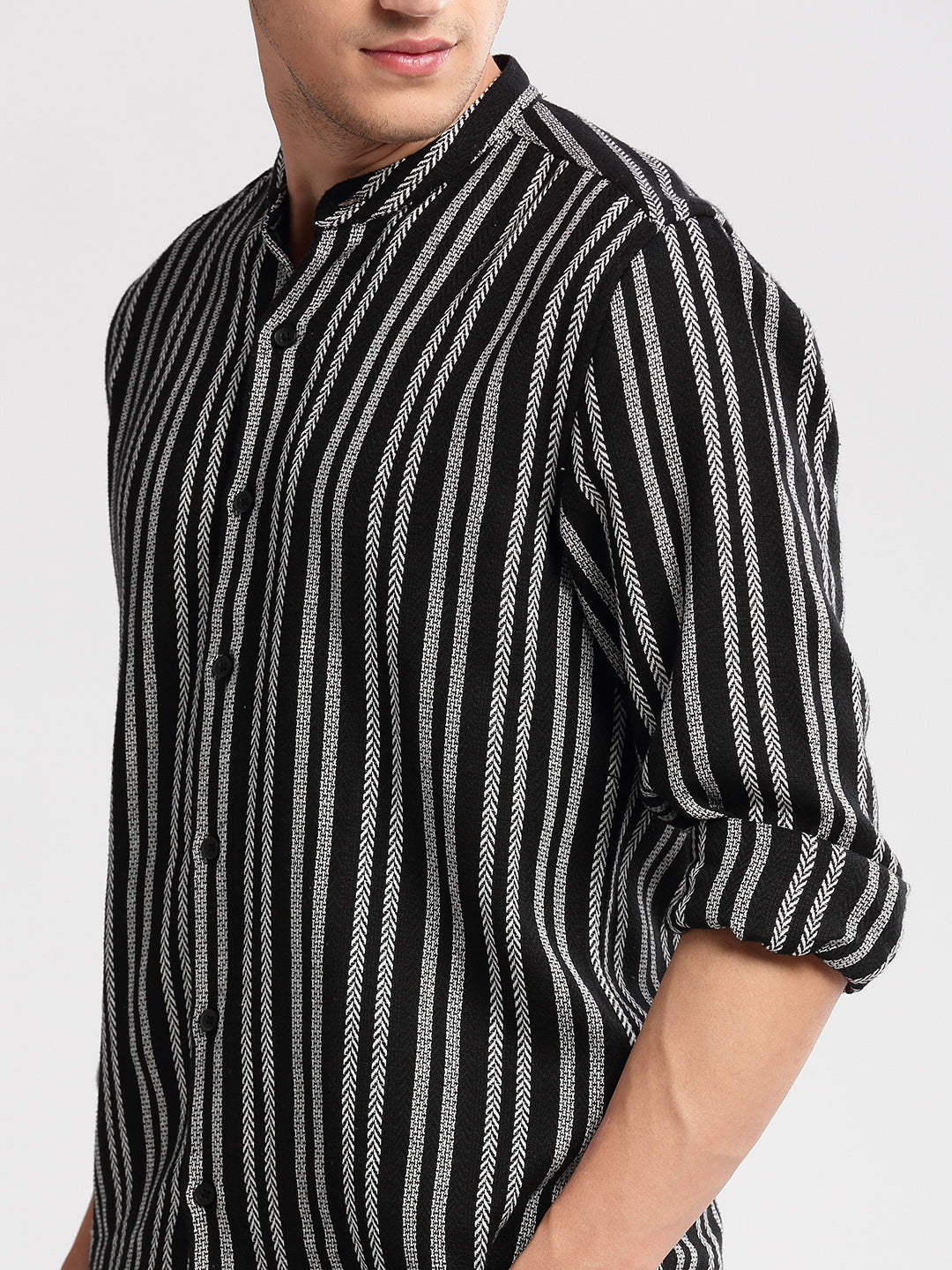 Men Mandarin Collar Vertical Stripes Black Casual Shirt