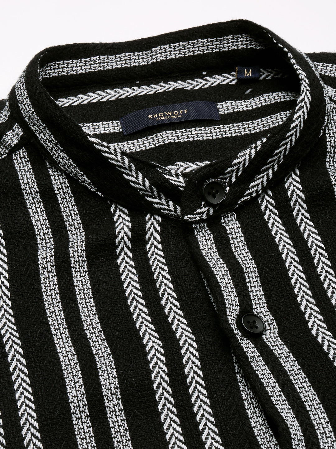 Men Mandarin Collar Vertical Stripes Black Casual Shirt