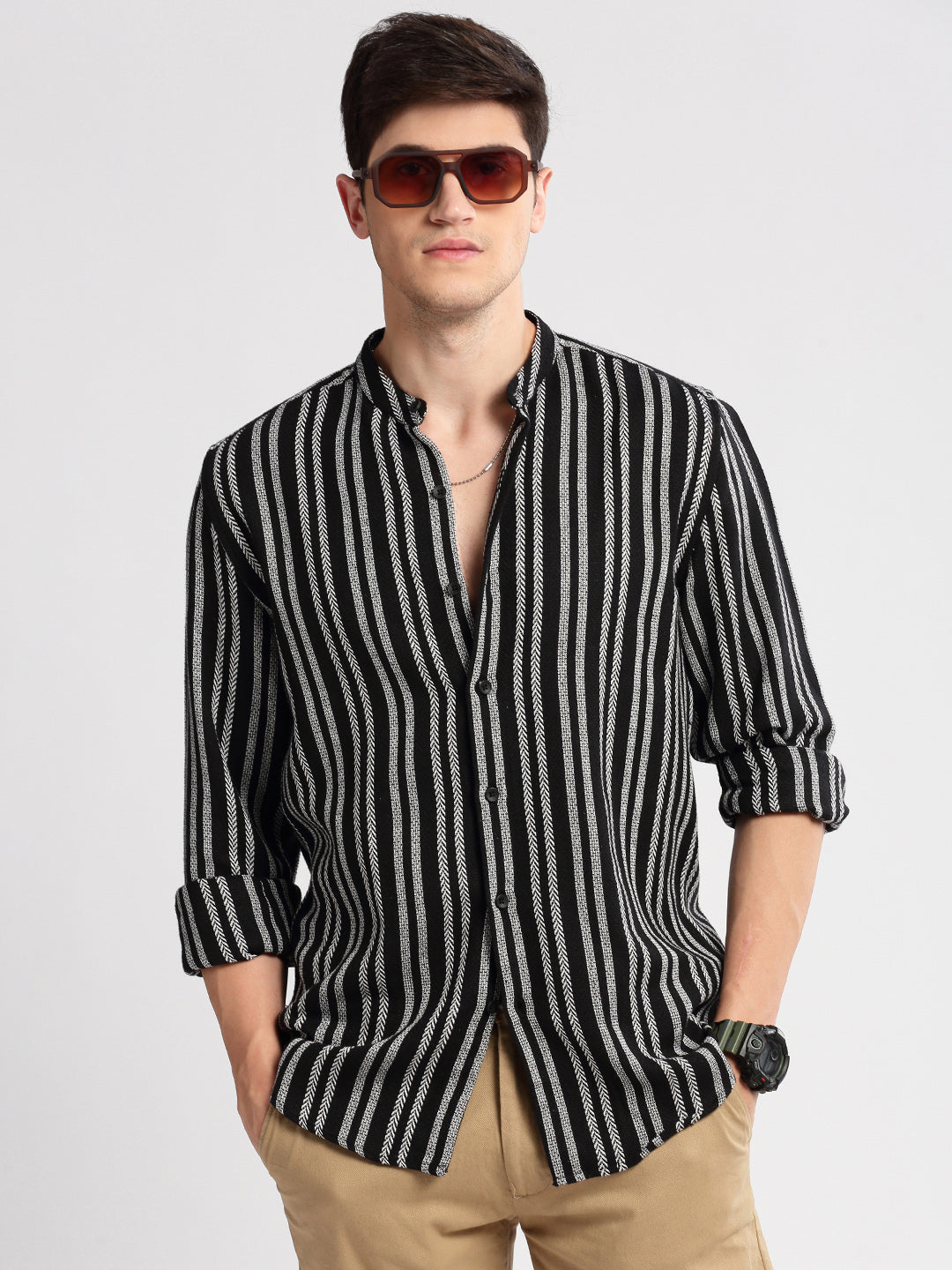 Men Mandarin Collar Vertical Stripes Black Casual Shirt