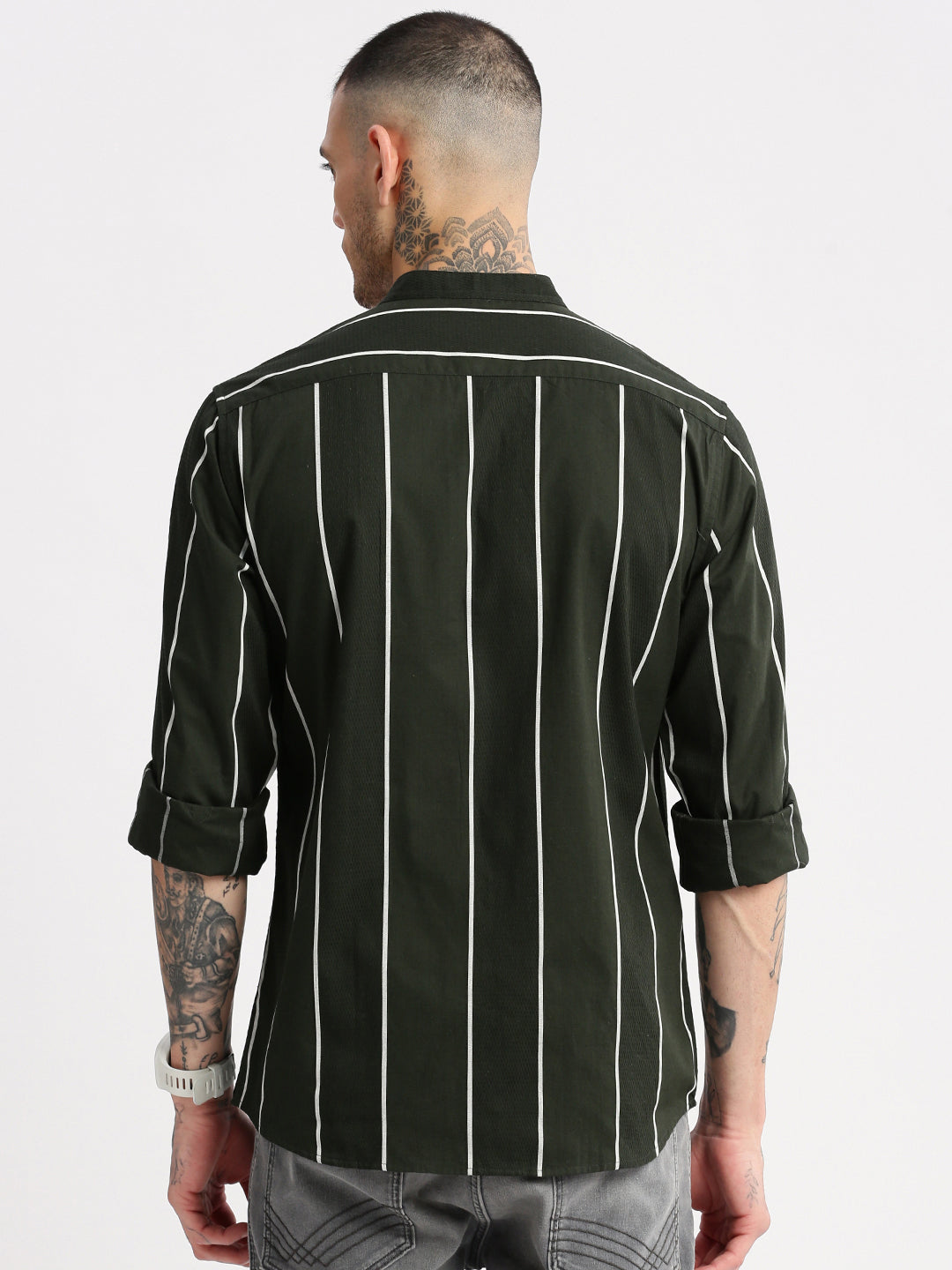 Men Mandarin Collar Vertical Stripes Green Casual Shirt