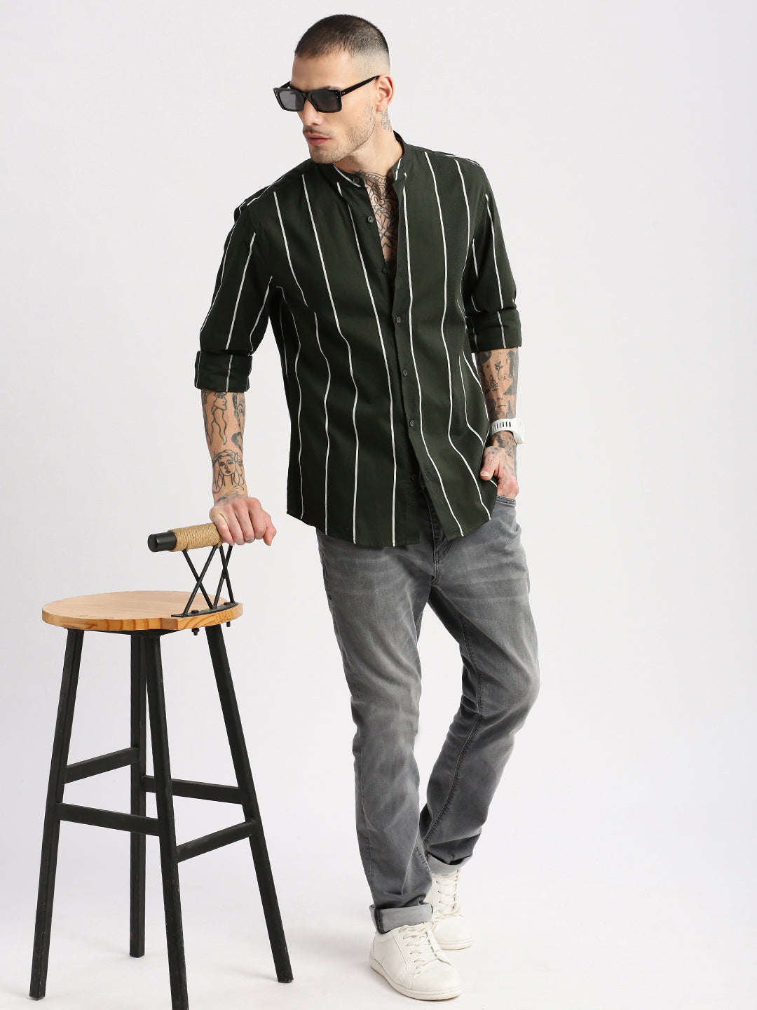 Men Mandarin Collar Vertical Stripes Green Casual Shirt