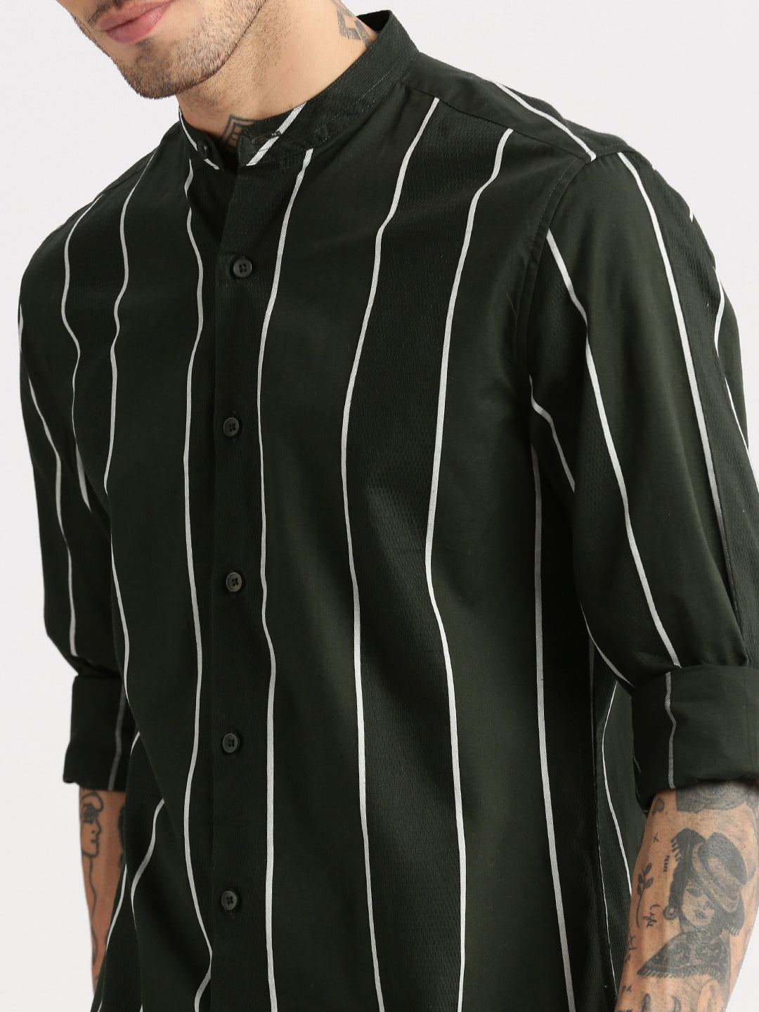 Men Mandarin Collar Vertical Stripes Green Casual Shirt