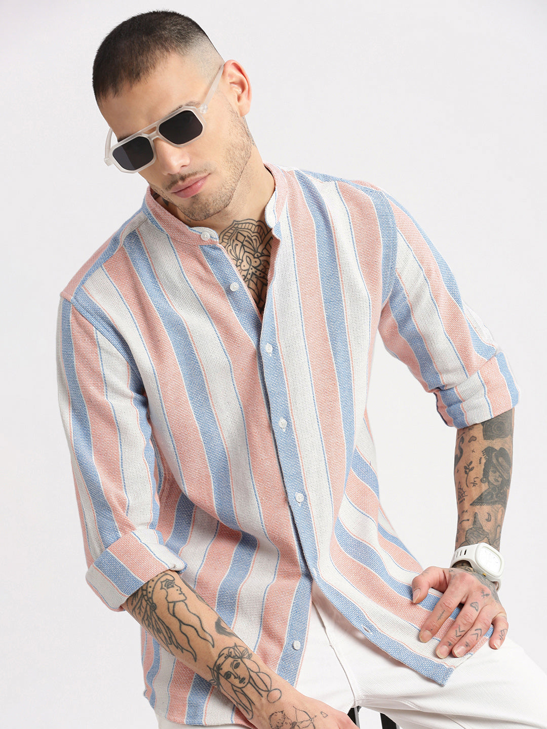 Men Mandarin Collar Vertical Stripes Peach Casual Shirt