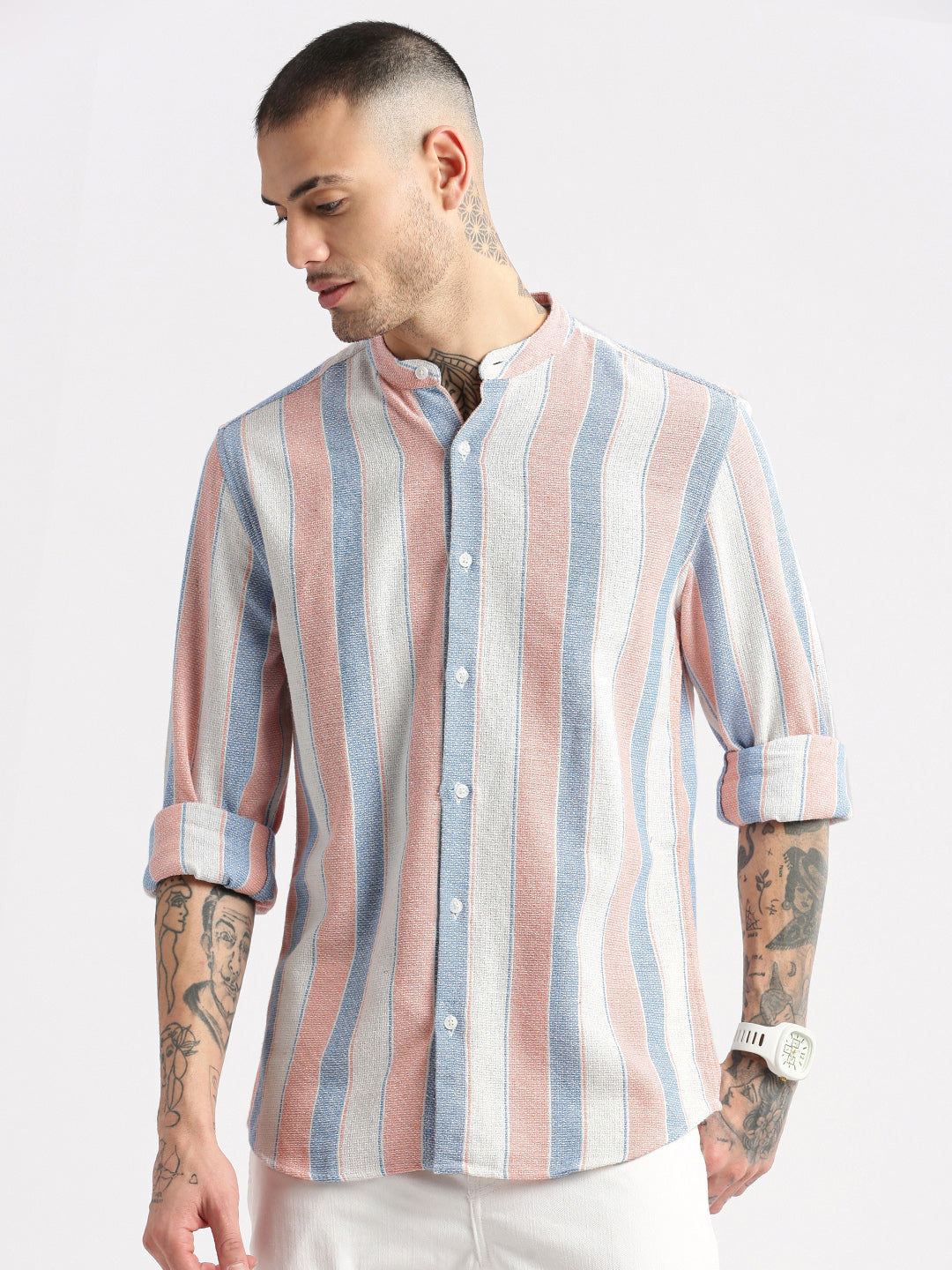 Men Mandarin Collar Vertical Stripes Peach Casual Shirt