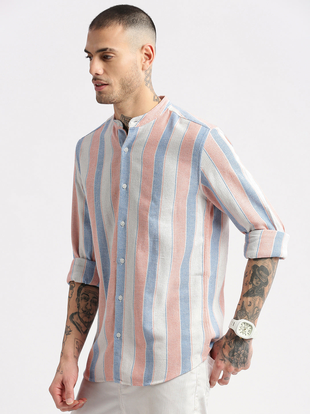 Men Mandarin Collar Vertical Stripes Peach Casual Shirt