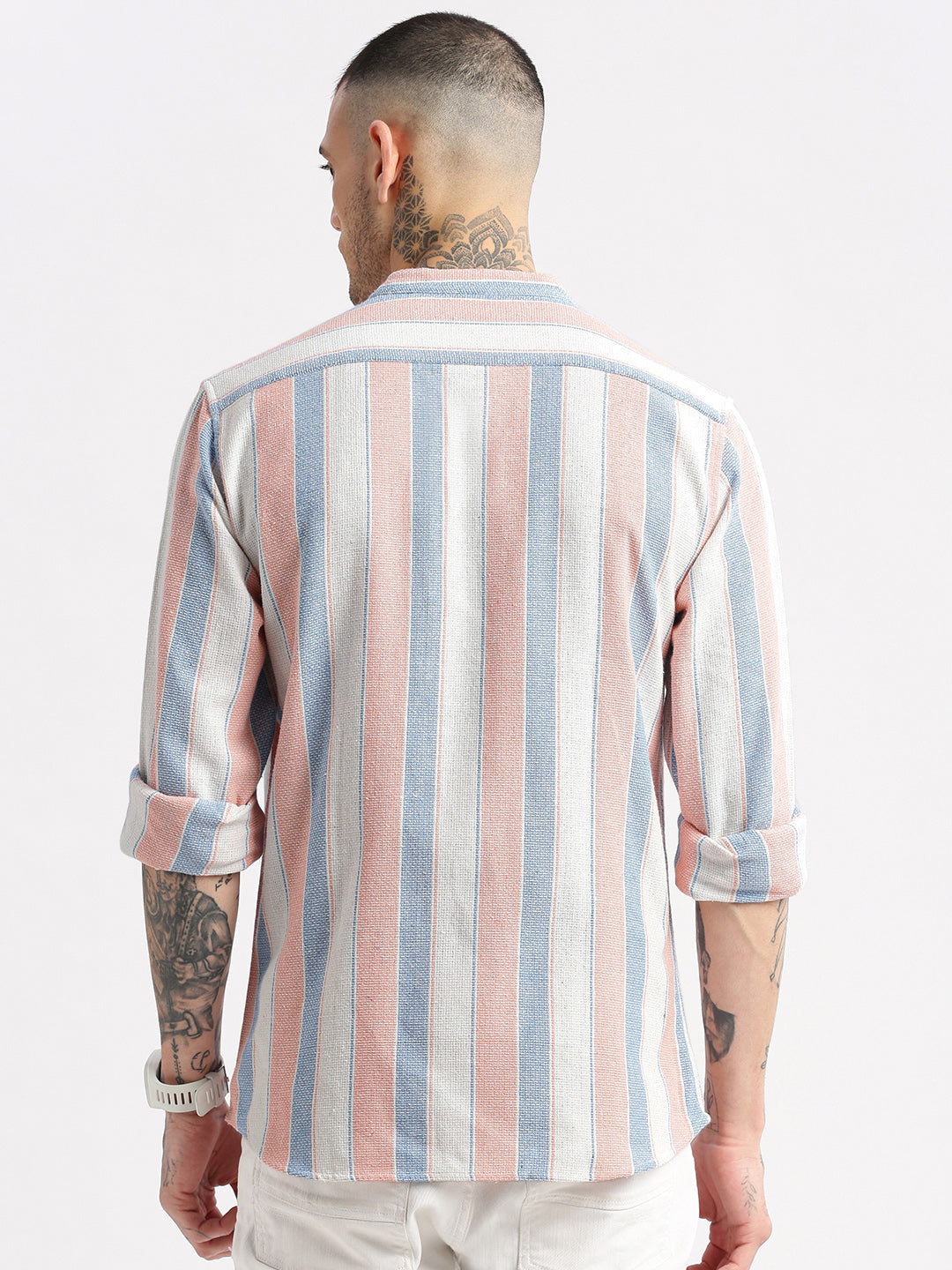 Men Mandarin Collar Vertical Stripes Peach Casual Shirt