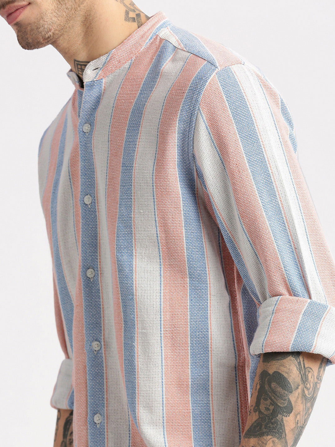 Men Mandarin Collar Vertical Stripes Peach Casual Shirt