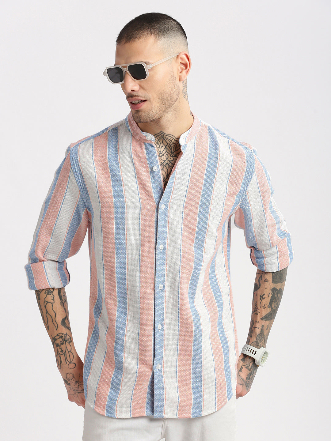 Men Mandarin Collar Vertical Stripes Peach Casual Shirt