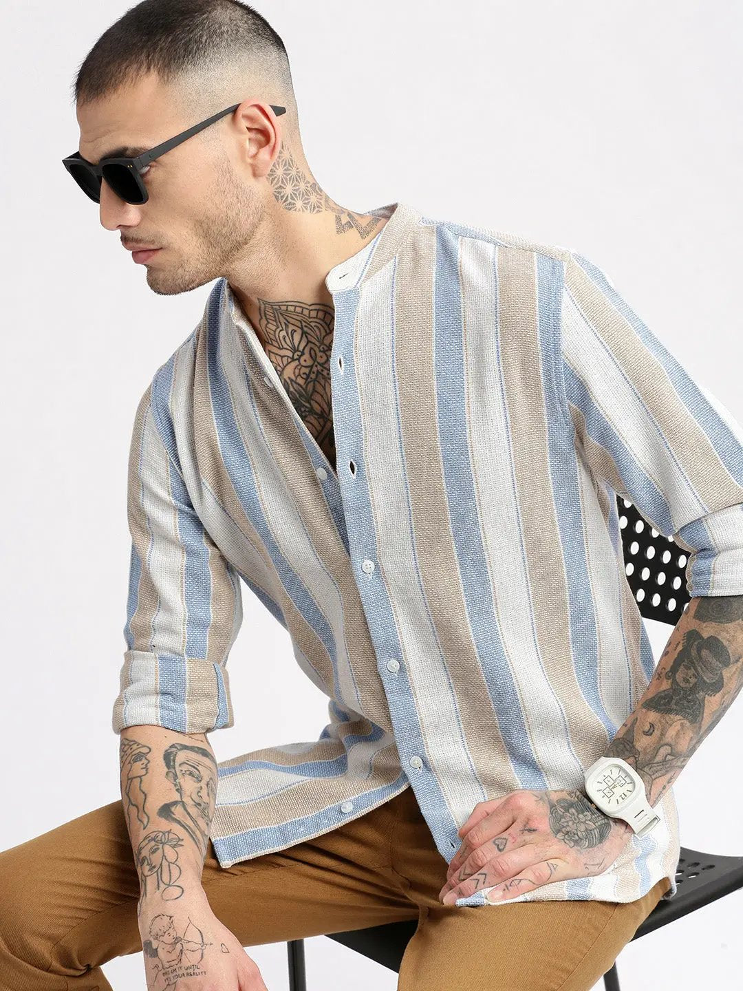 Men's Mandarin Collar Vertical Stripes Beige Casual Shirt