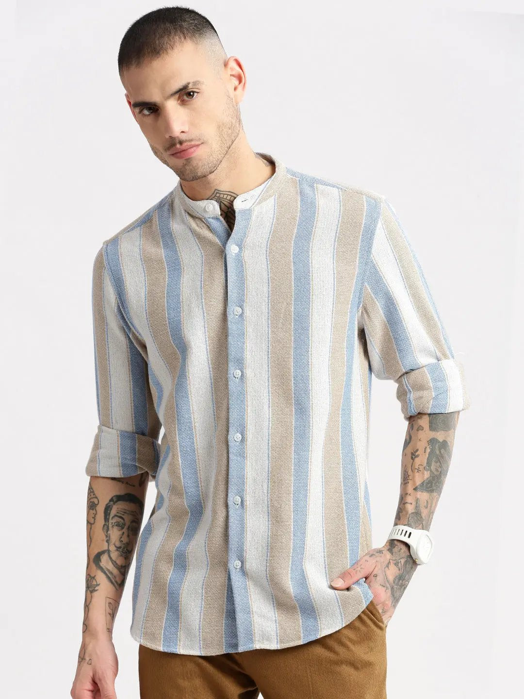 Men's Mandarin Collar Vertical Stripes Beige Casual Shirt