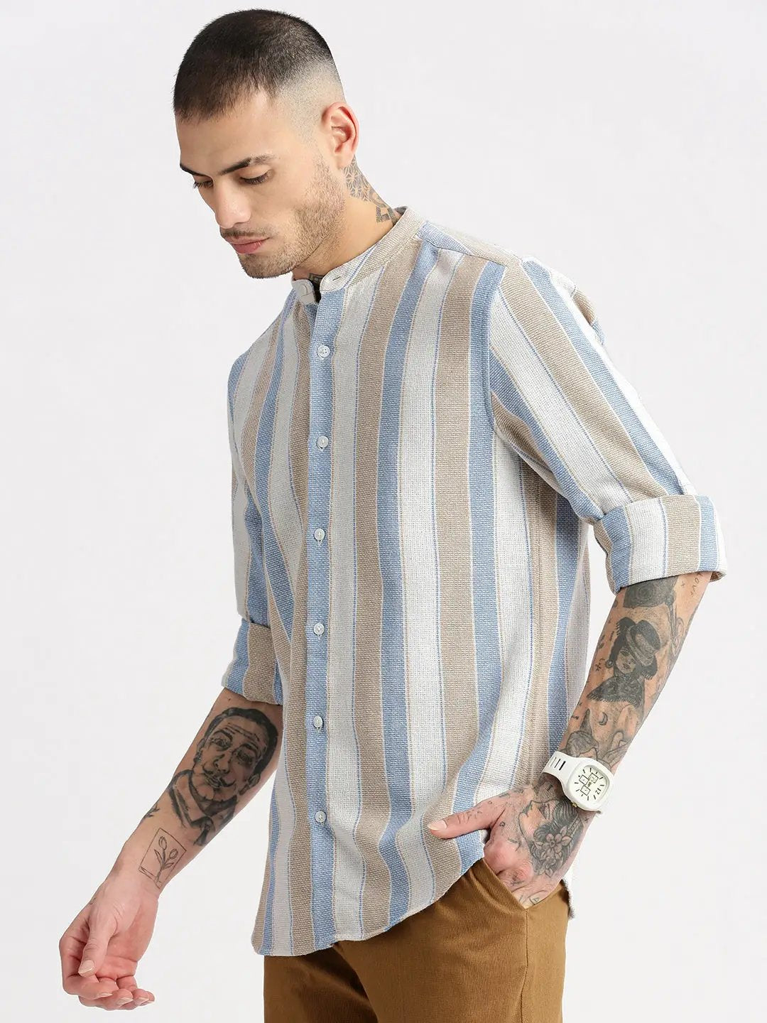 Men's Mandarin Collar Vertical Stripes Beige Casual Shirt