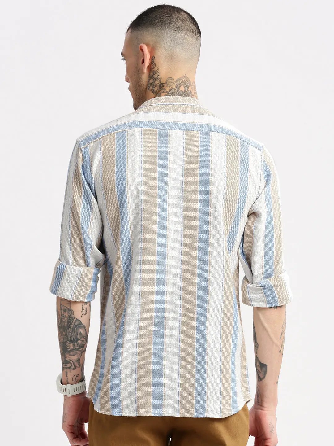 Men's Mandarin Collar Vertical Stripes Beige Casual Shirt