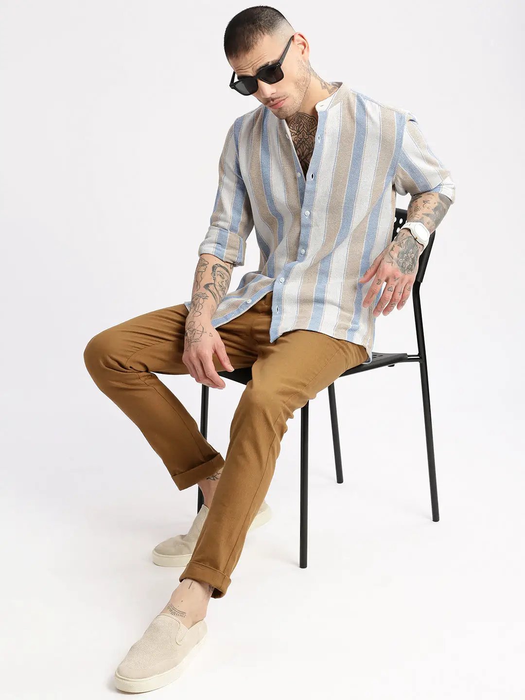 Men's Mandarin Collar Vertical Stripes Beige Casual Shirt