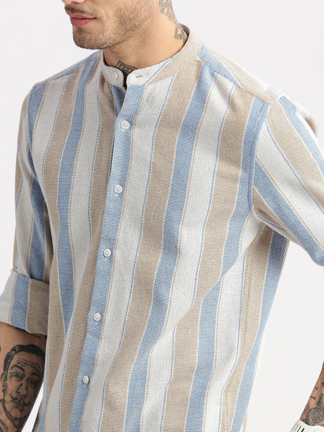 Men's Mandarin Collar Vertical Stripes Beige Casual Shirt
