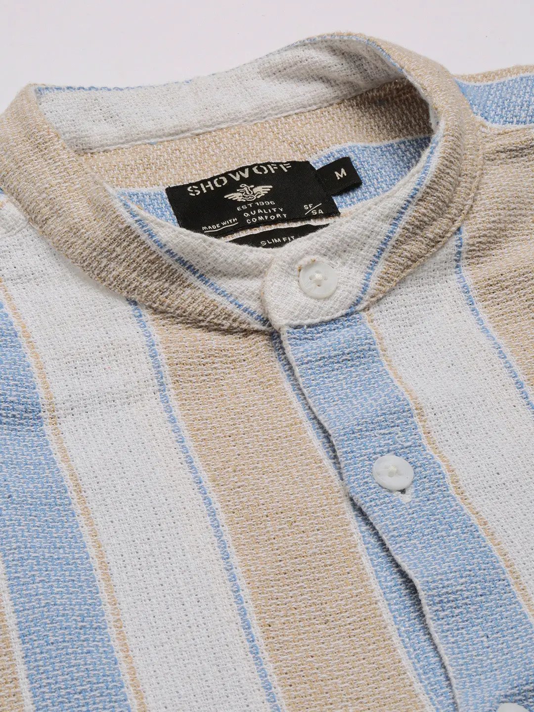 Men's Mandarin Collar Vertical Stripes Beige Casual Shirt