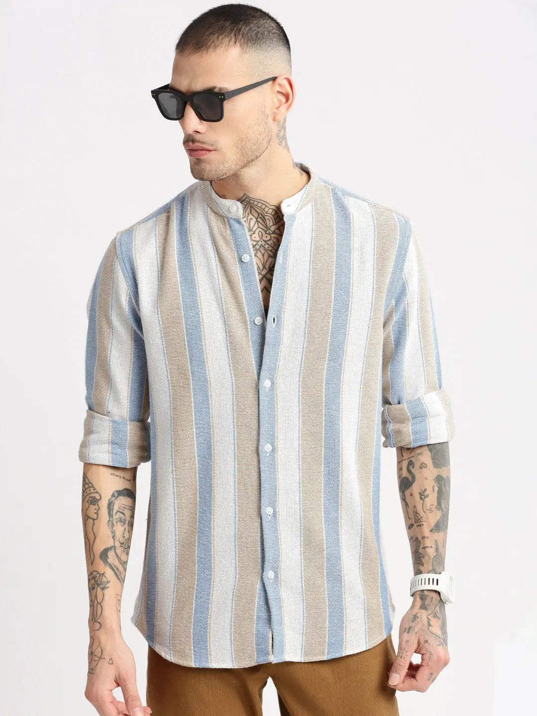 Men's Mandarin Collar Vertical Stripes Beige Casual Shirt