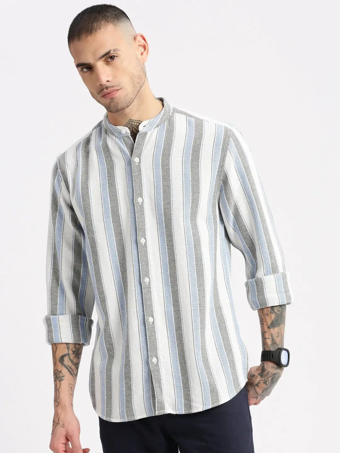 Men's White Mandarin Collar Vertical Stripes Casual Shirt
