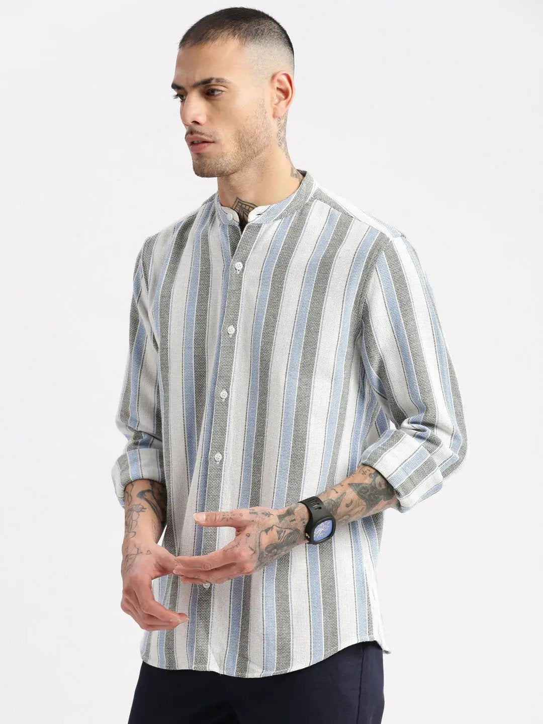 Men's White Mandarin Collar Vertical Stripes Casual Shirt