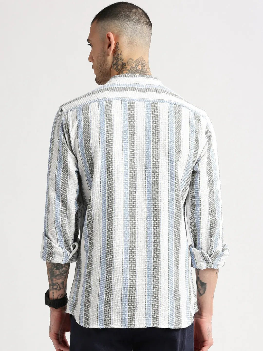 Men's White Mandarin Collar Vertical Stripes Casual Shirt