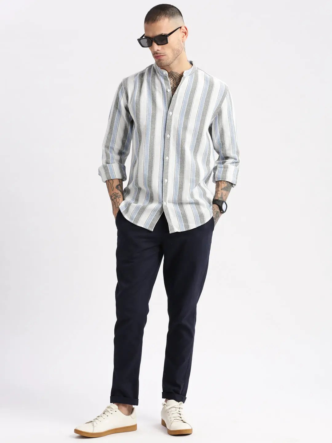 Men's White Mandarin Collar Vertical Stripes Casual Shirt