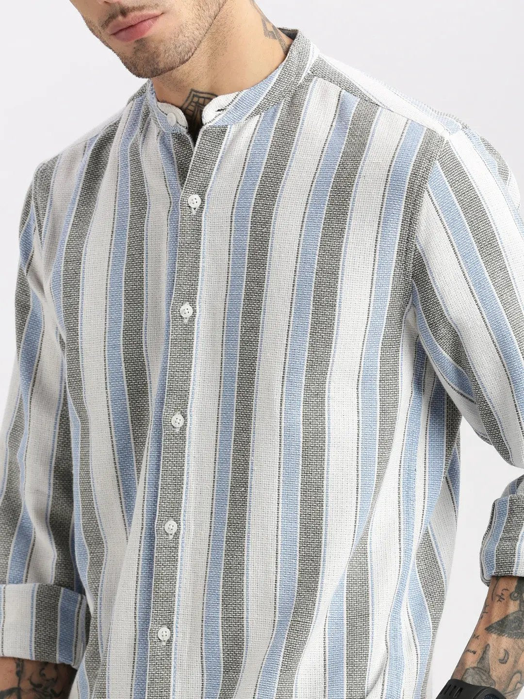 Men's White Mandarin Collar Vertical Stripes Casual Shirt