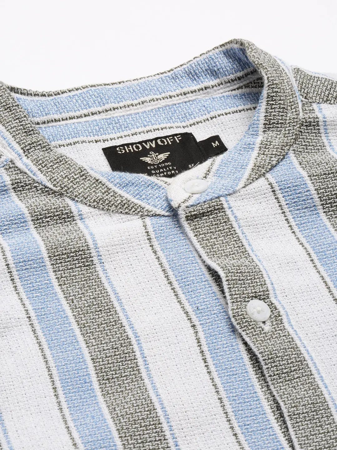 Men's White Mandarin Collar Vertical Stripes Casual Shirt