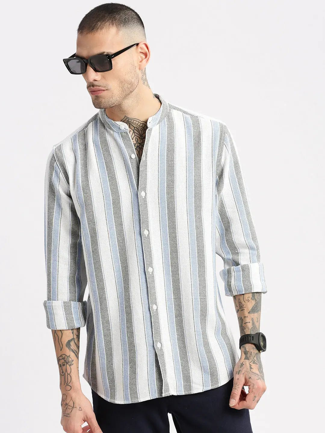Men's White Mandarin Collar Vertical Stripes Casual Shirt