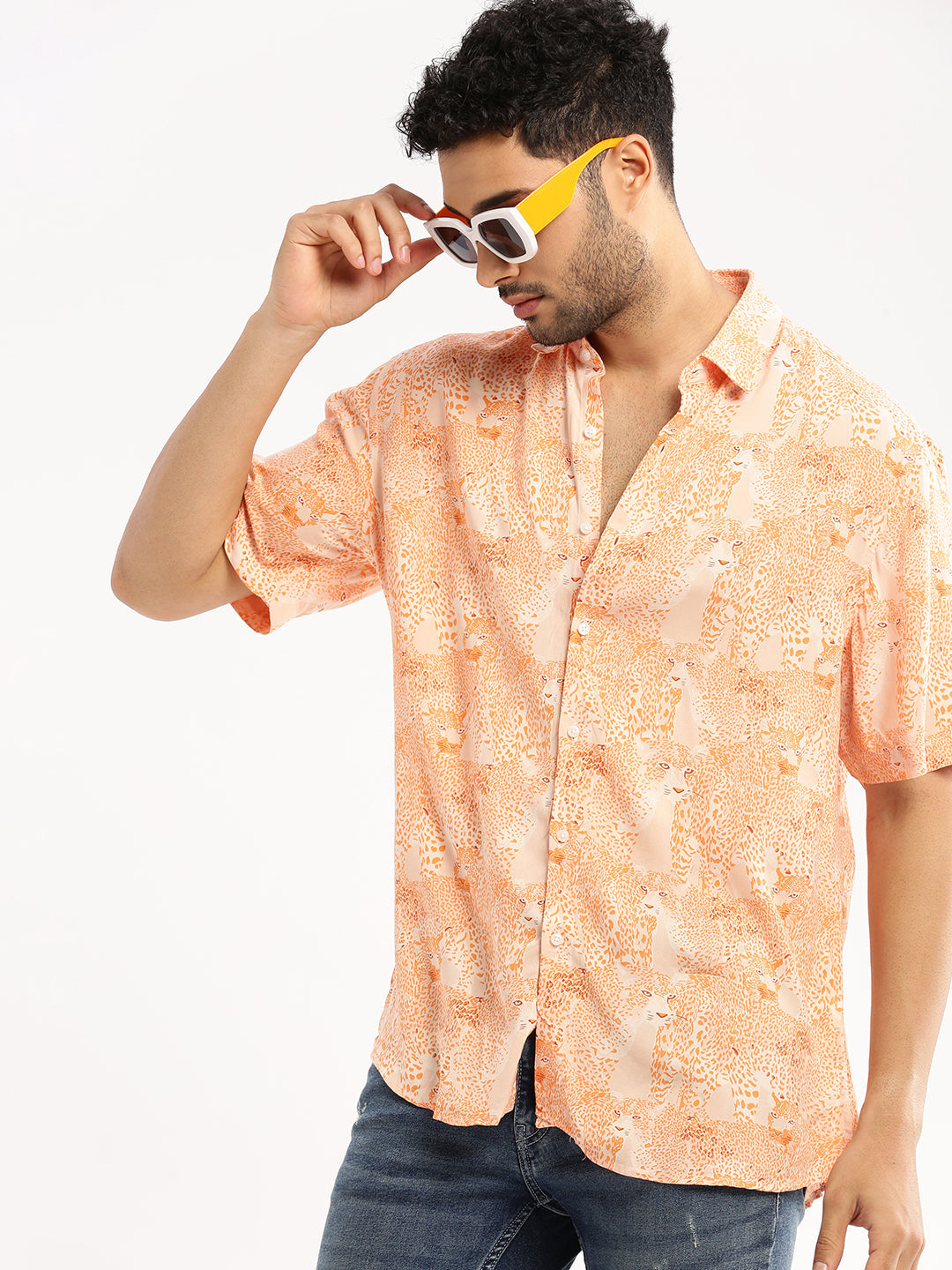 Men Orange Spread Collar Abstract Shirt