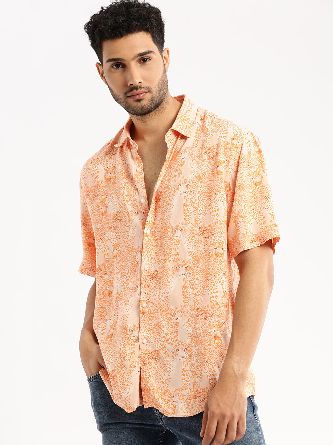 Men Orange Spread Collar Abstract Shirt