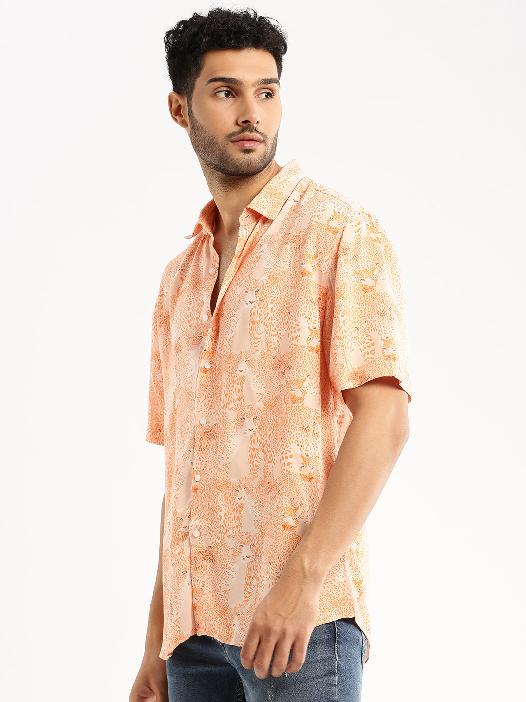 Men Orange Spread Collar Abstract Shirt