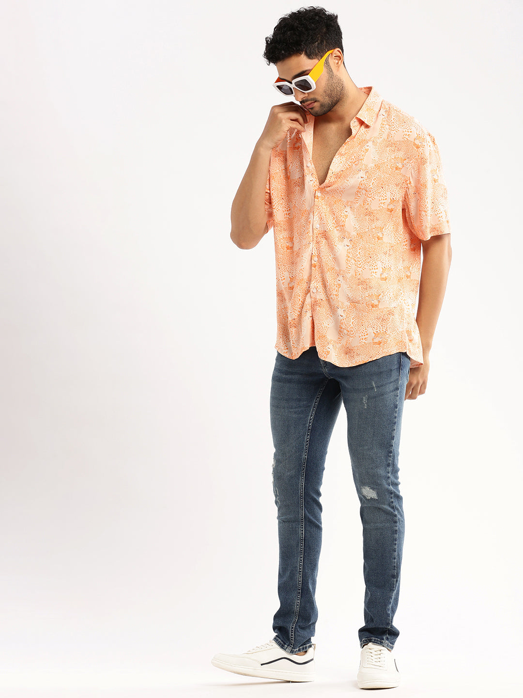 Men Orange Spread Collar Abstract Shirt