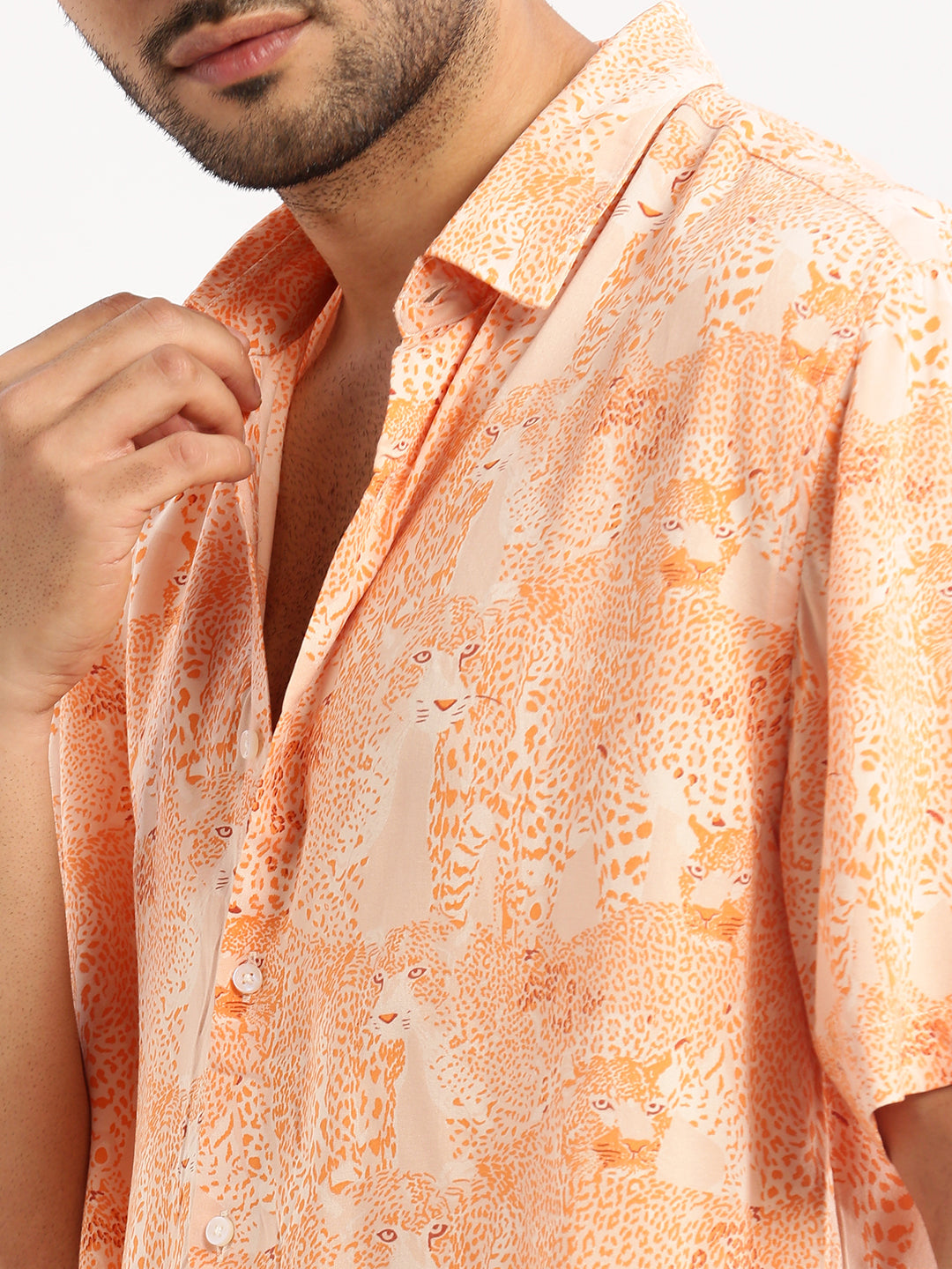 Men Orange Spread Collar Abstract Shirt