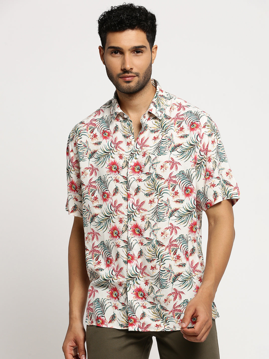 Men Off White Spread Collar Floral Shirt