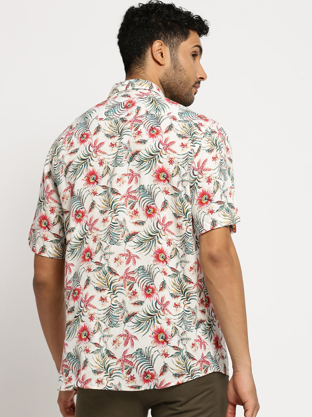 Men Off White Spread Collar Floral Shirt