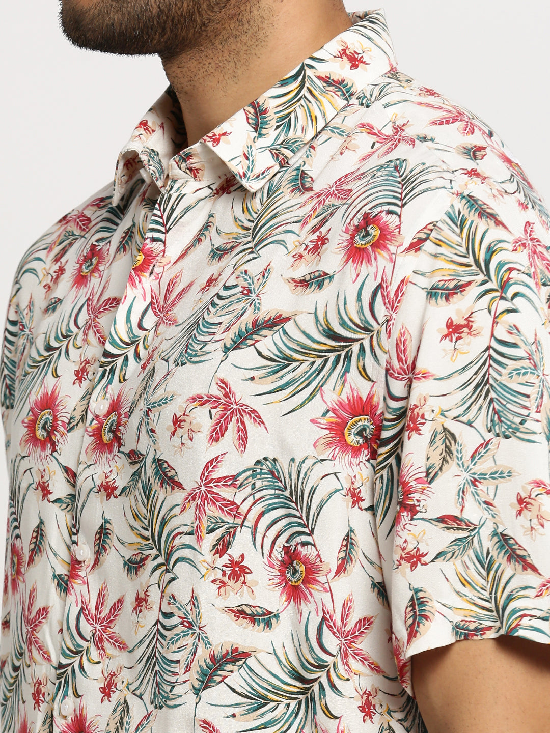 Men Off White Spread Collar Floral Shirt