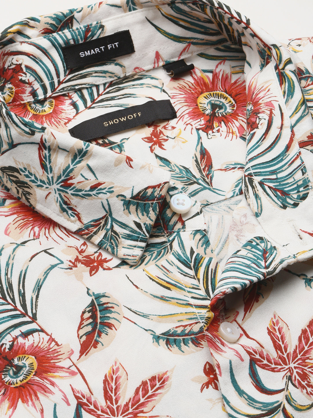 Men Off White Spread Collar Floral Shirt