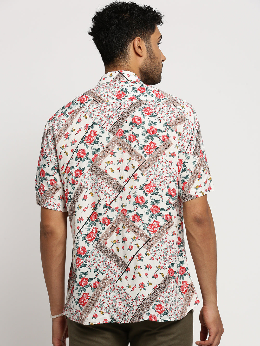 Men White Spread Collar Floral Shirt