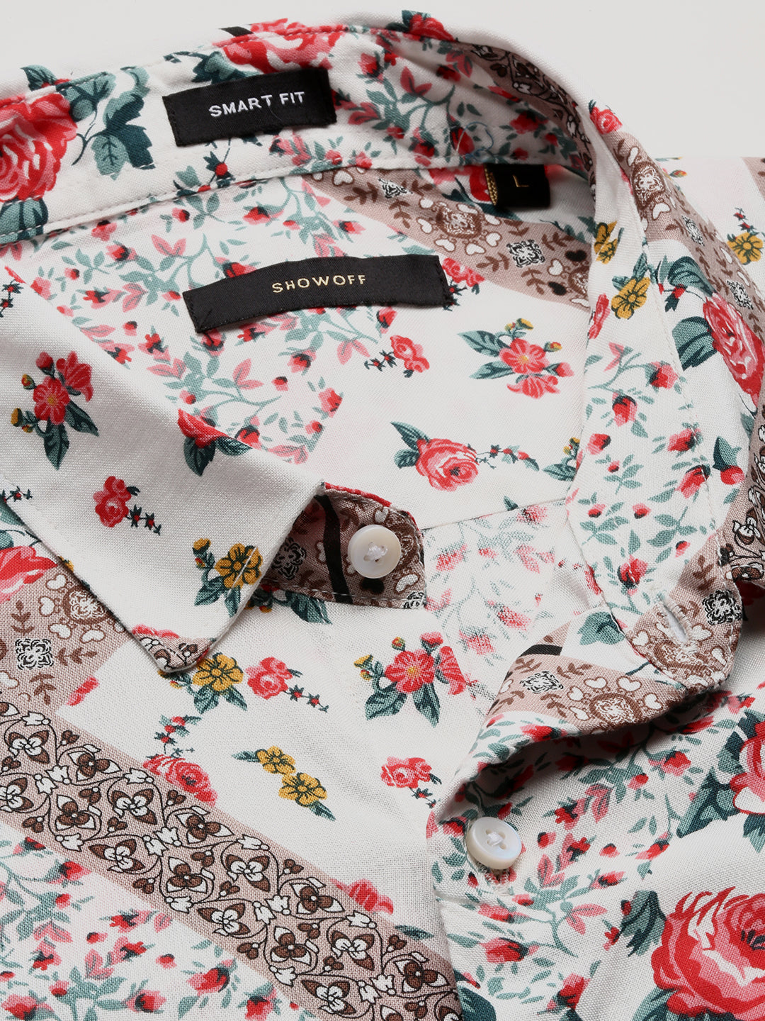 Men White Spread Collar Floral Shirt