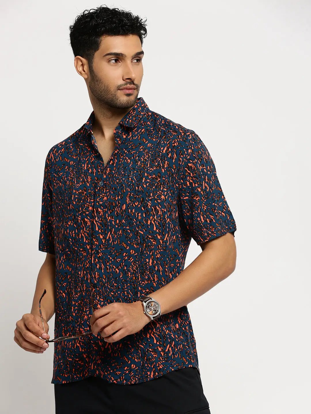 Men's Teal Spread Collar Abstract Shirt