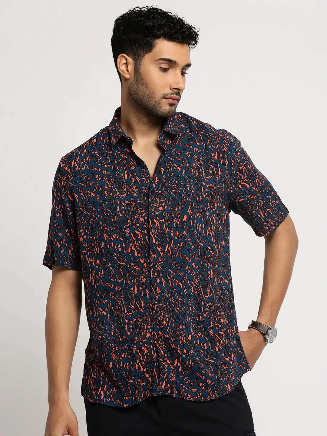 Men's Teal Spread Collar Abstract Shirt