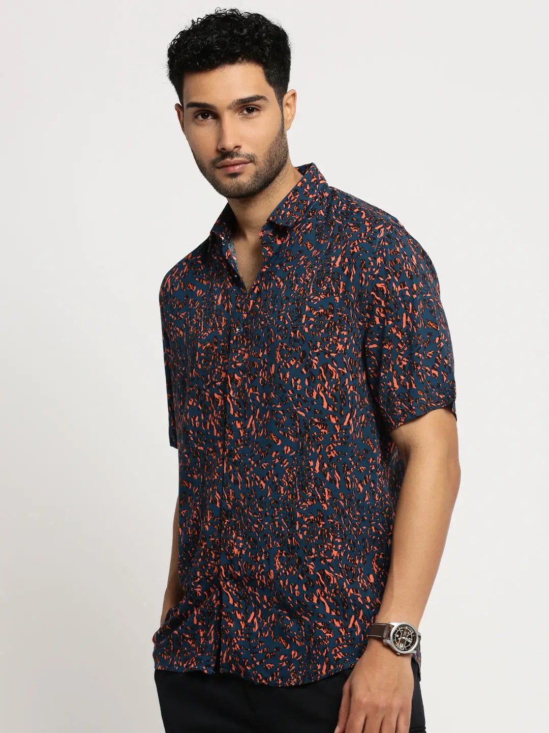 Men's Teal Spread Collar Abstract Shirt