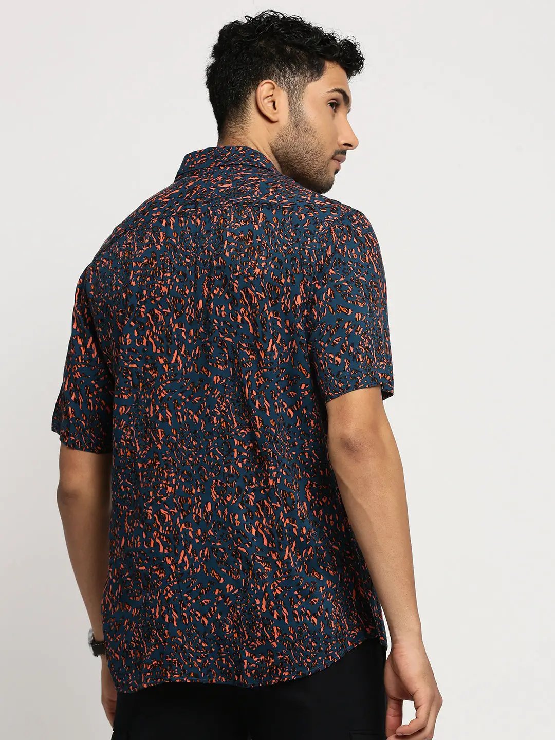 Men's Teal Spread Collar Abstract Shirt