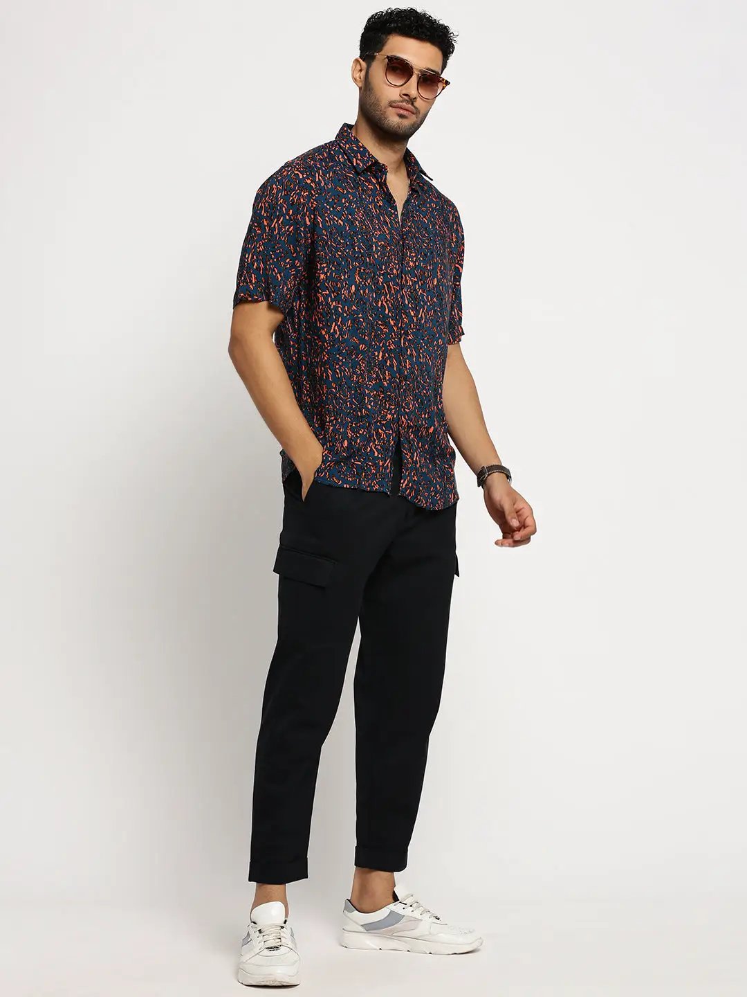 Men's Teal Spread Collar Abstract Shirt