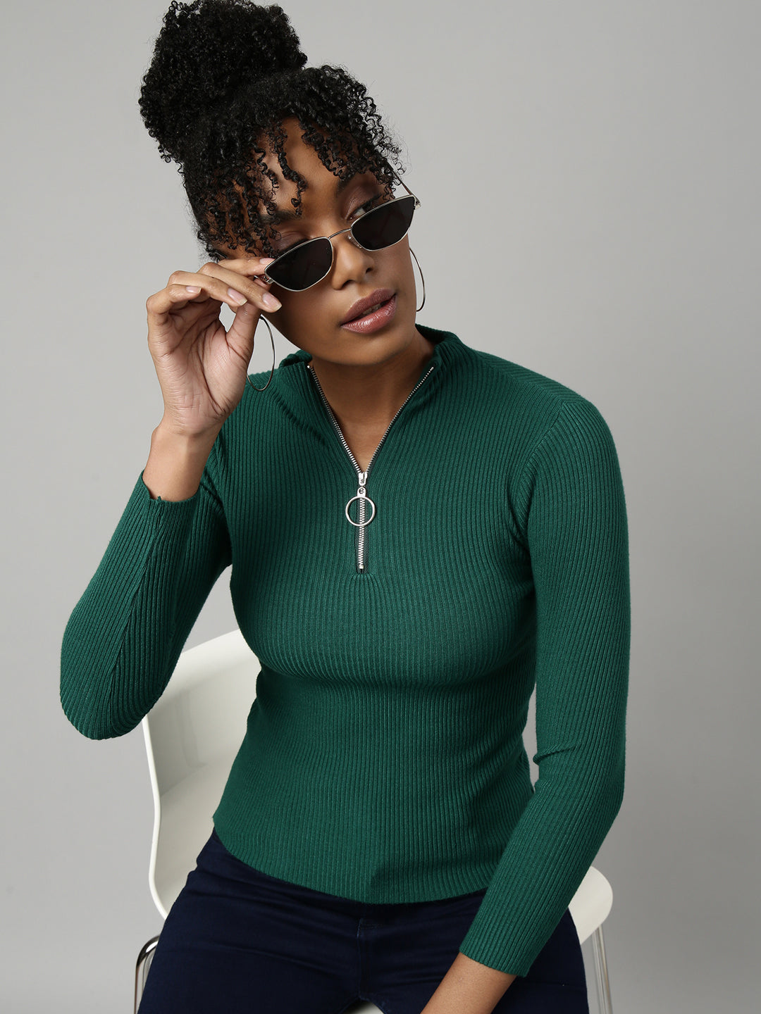 Women Green Solid Fitted Top