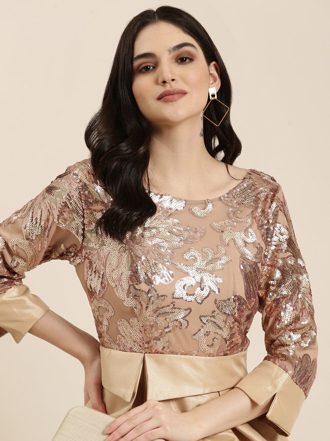 Women Gold Embellished Fit and Flare Dress