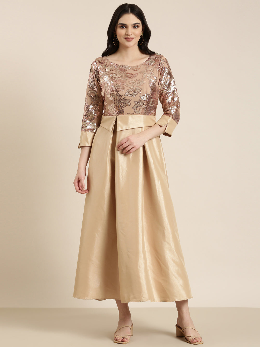 Women Gold Embellished Fit and Flare Dress