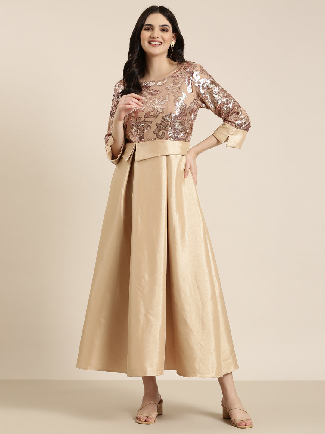 Women Gold Embellished Fit and Flare Dress