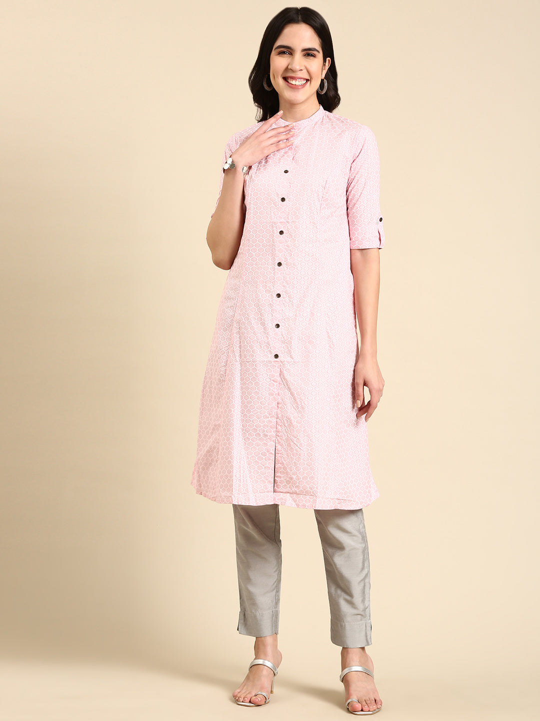 Women's Pink Printed Straight Kurta