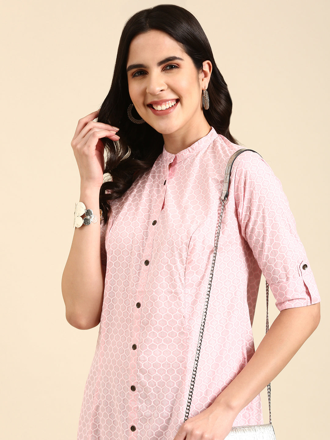 Women's Pink Printed Straight Kurta